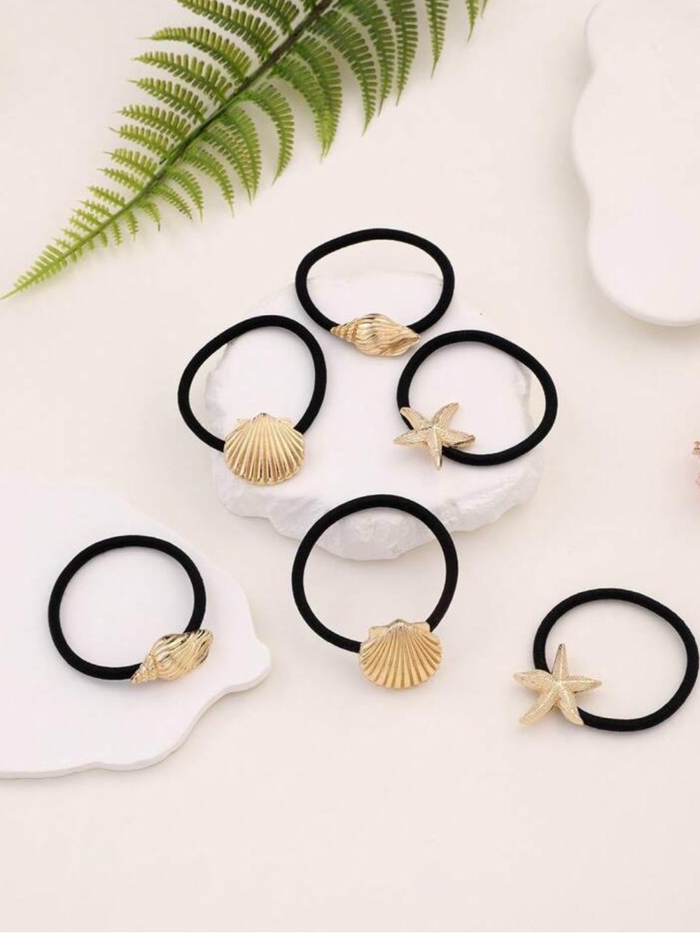 Gold Shell & Starfish Hair Ties - Pack of 6 - Picture 2 of 4